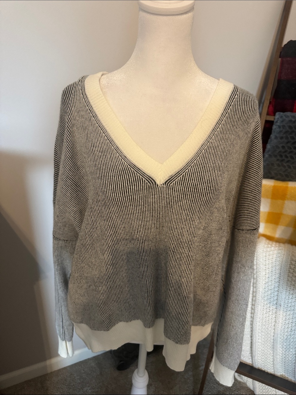 Striped V-Neck Sweater in Black and White